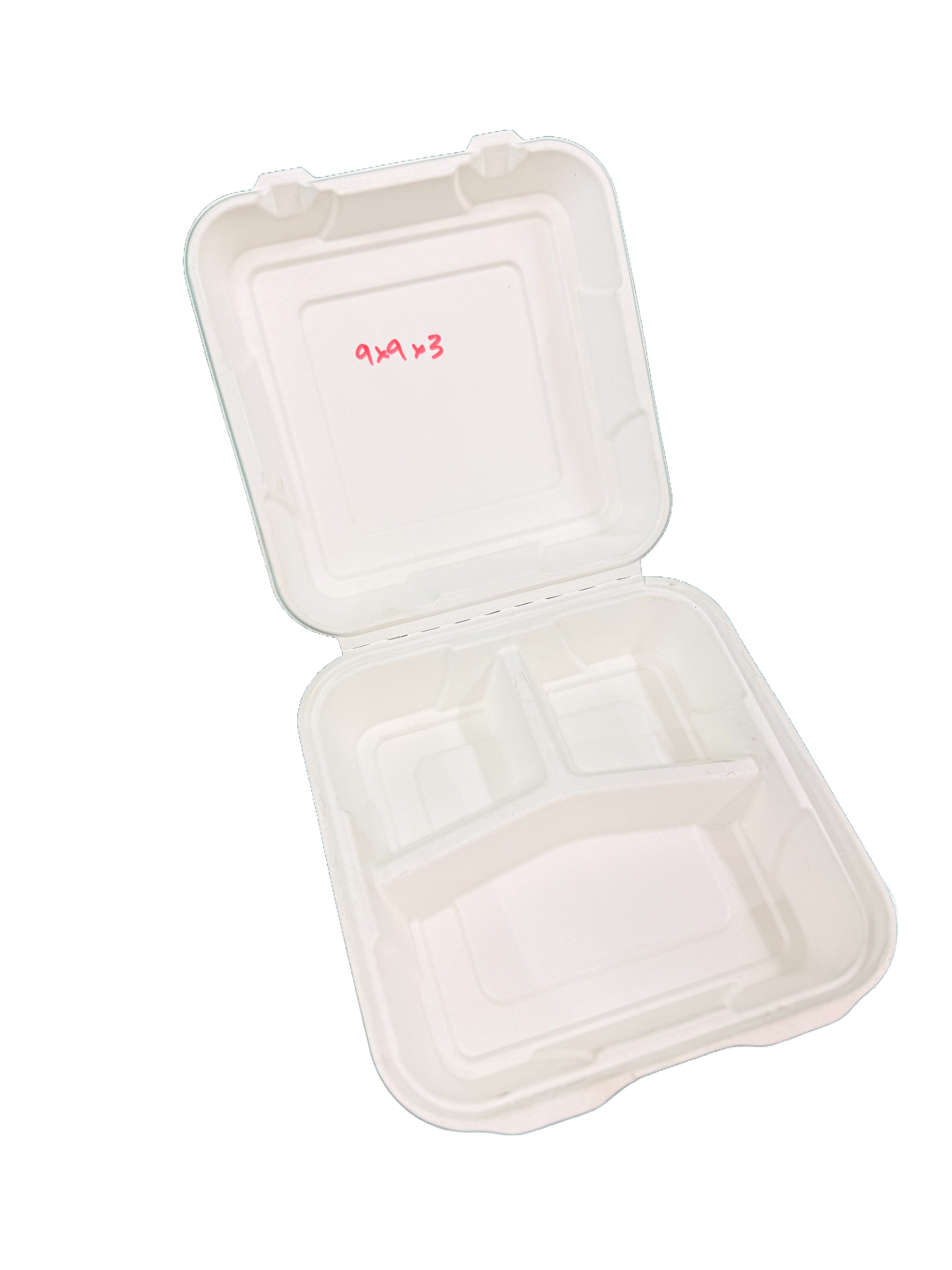 9x9" 3 Comp Large Bagasse Clamshell 200PCS RRP £27.90 Shipping only – collection is not available for this product!