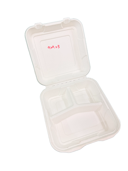 9x9" 3 Comp Large Bagasse Clamshell 200PCS RRP £27.90 Shipping only – collection is not available for this product!